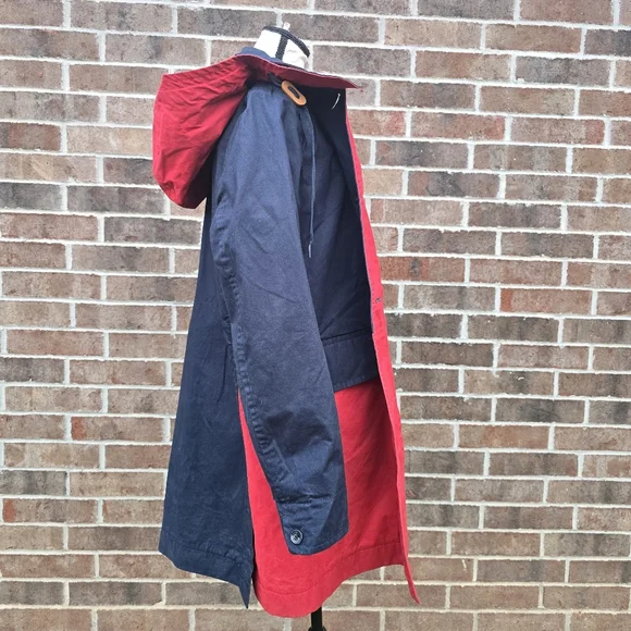 Coach Red Navy Hooded Trench Coat Women’s Medium Colorblock Button Front - Picture 5 of 9